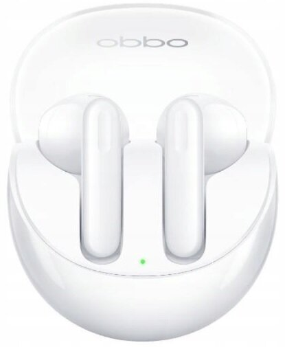 Białe bezprzewodowe słuchawki douszne w białym etui ładującym. Etui jest otwarte.