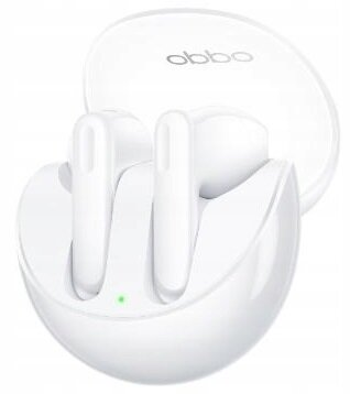 Białe bezprzewodowe słuchawki w białym etui ładującym, otwarte.