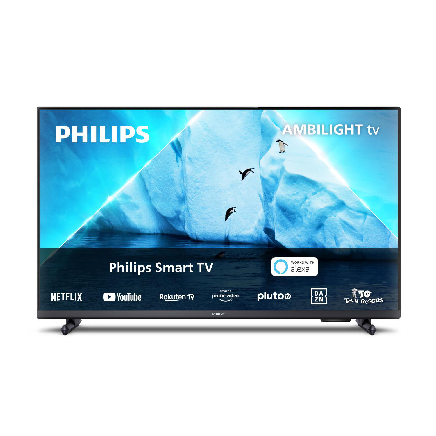 Ein Philips Smart TV mit Eisberg-Szene. Pinguine sind sichtbar. Verschiedene App-Logos werden gezeigt.