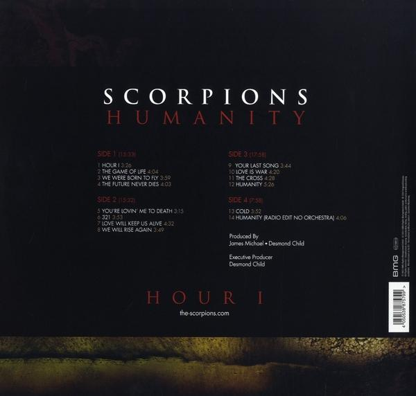 Scorpions 'Humanity' album borítója, bal oldalon a számokkal, jobb oldalon a stáblistával.