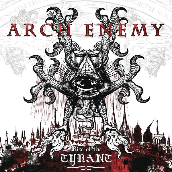 Arch Enemy 'Rise of the Tyrant' album borítója. Egy démoni arc egy város sziluettje felett.