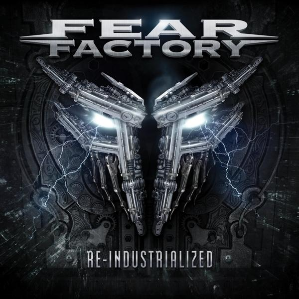 A Fear Factory Re-Industrialized című albumának borítója, mechanikus arccal és villámokkal.