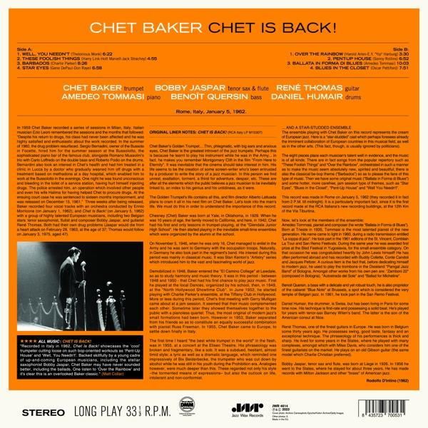 Chet Baker is Back! album borítója, szöveggel és képekkel.