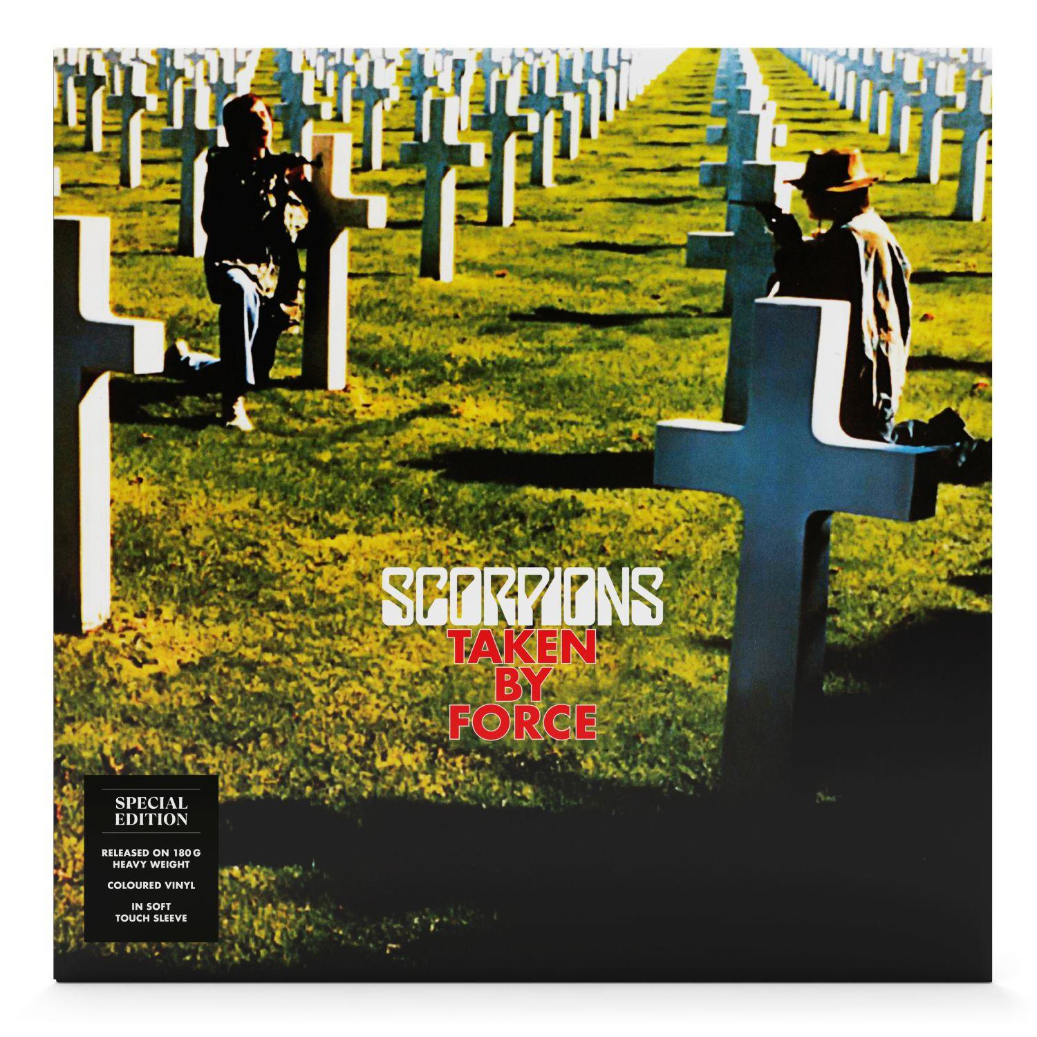 Album borító, Scorpions, Taken by Force, katonák a temetőben. Keresztek a háttérben.