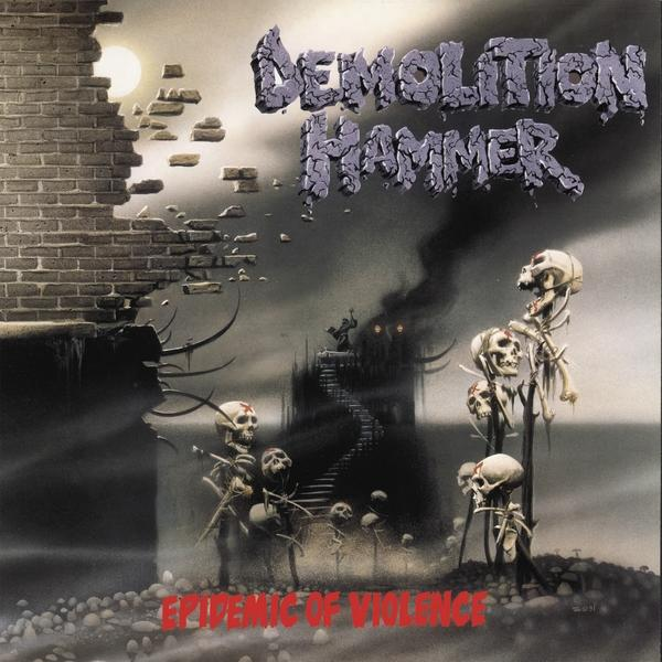 Album borító: Demolition Hammer - Epidemic of Violence. Csontvázak, sötét kastély, hold. Szöveg: Demolition Hammer.