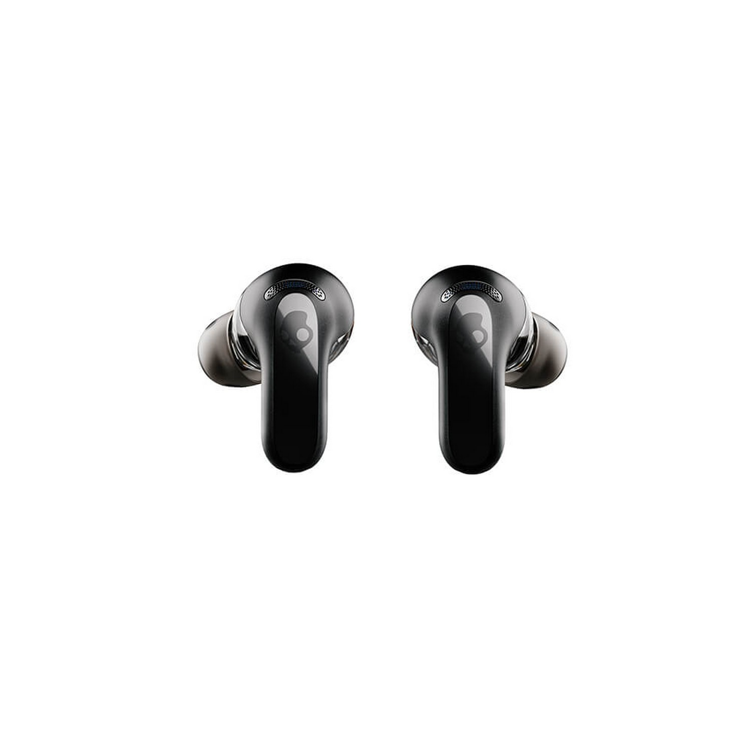 Twee zwarte Skullcandy draadloze oordopjes, gepresenteerd op een wit oppervlak, naar de kijker gericht.