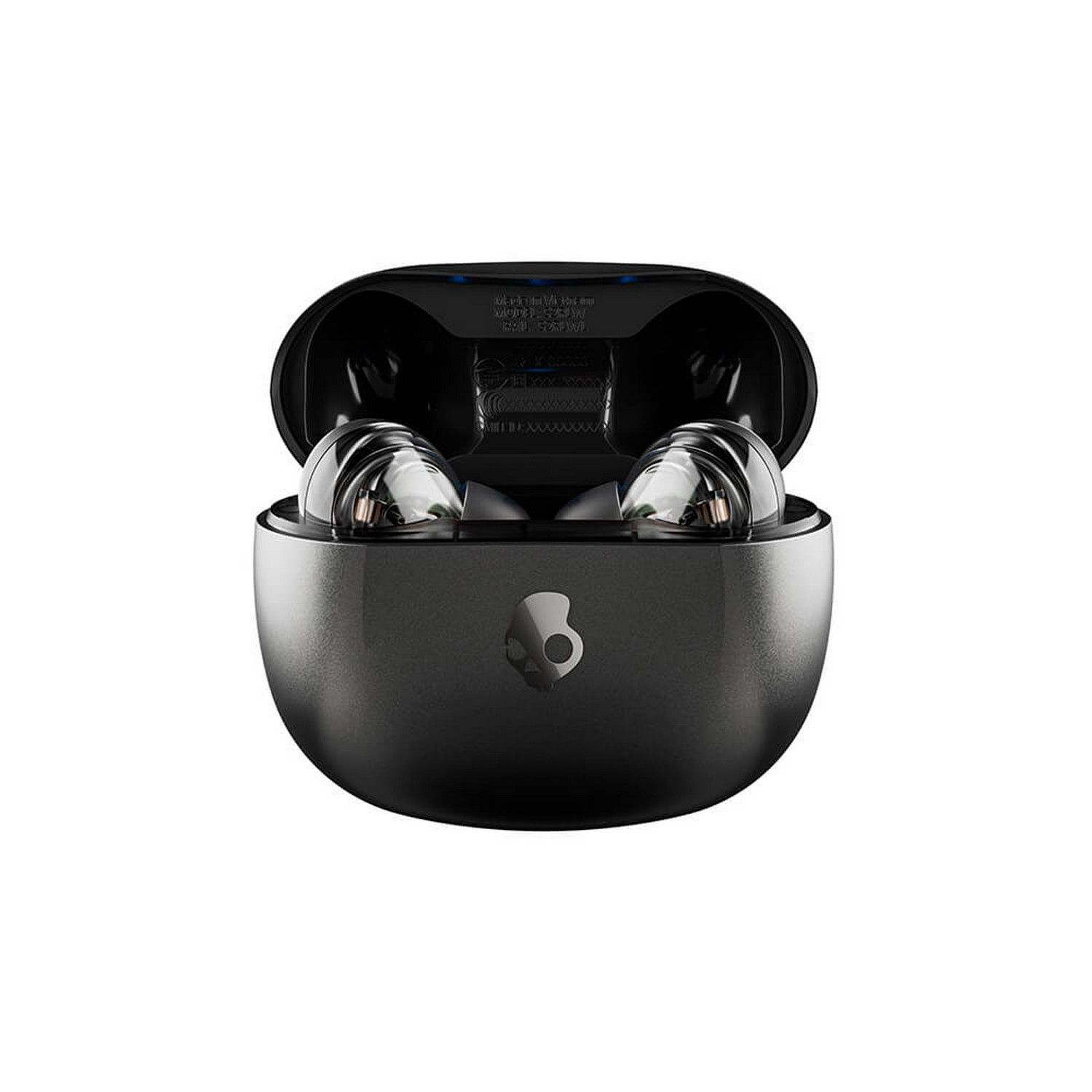 Zwarte Skullcandy oordopjes in hun oplaadcase. De case is open.