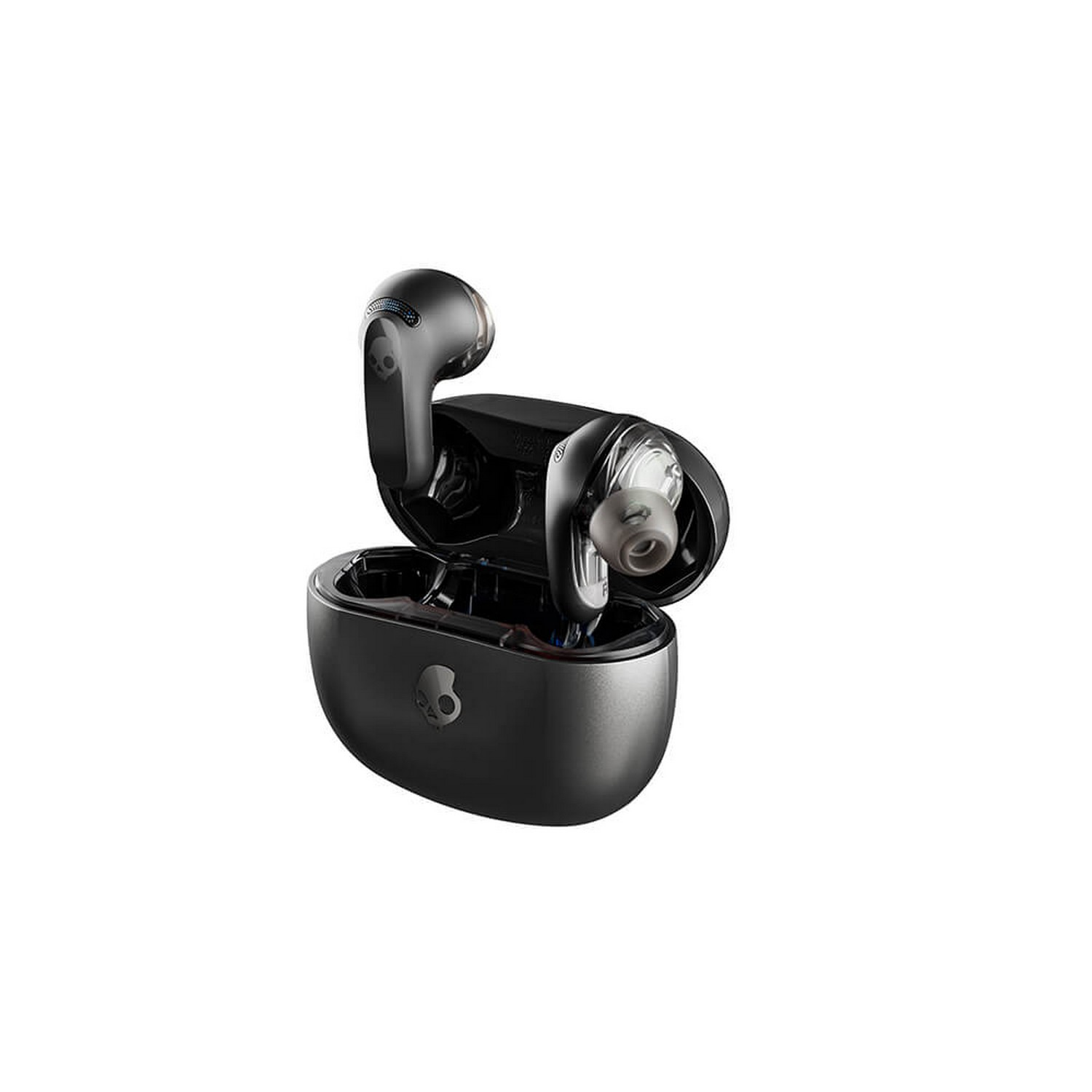 Zwarte Skullcandy oordopjes in een zwarte oplaadcase. De oordopjes zitten in de open case.