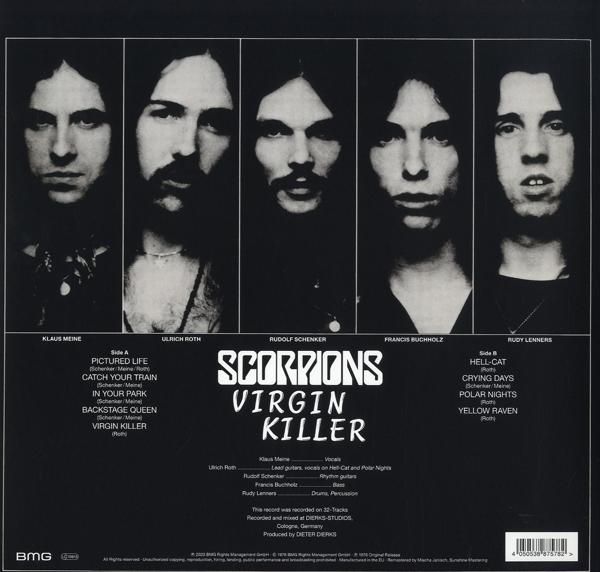 Album borító öt zenekari tag arcával. A szöveg tartalmazza a 'Scorpions' és a 'Virgin Killer' szavakat.