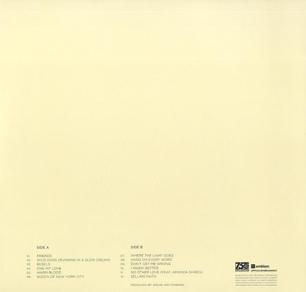 Egy bakelit lemez hátoldala. A számlista világossárga háttéren van nyomtatva. Az album címe: "Friends".