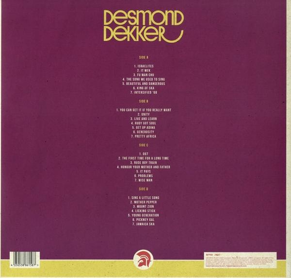 Desmond Dekker Vinyl-Schallplattencover. Seite A, B, C und D Tracklisten sind sichtbar. Lila Hintergrund.