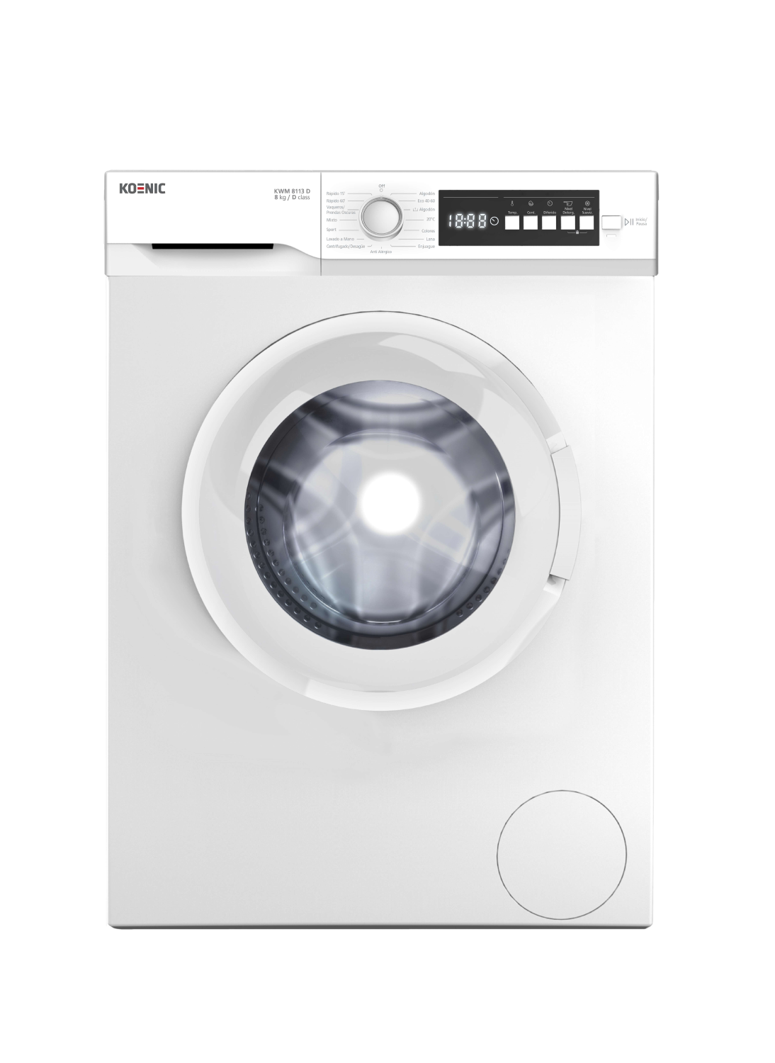 Una lavadora Koenic blanca con pantalla digital que muestra 18:88. Fondo negro.