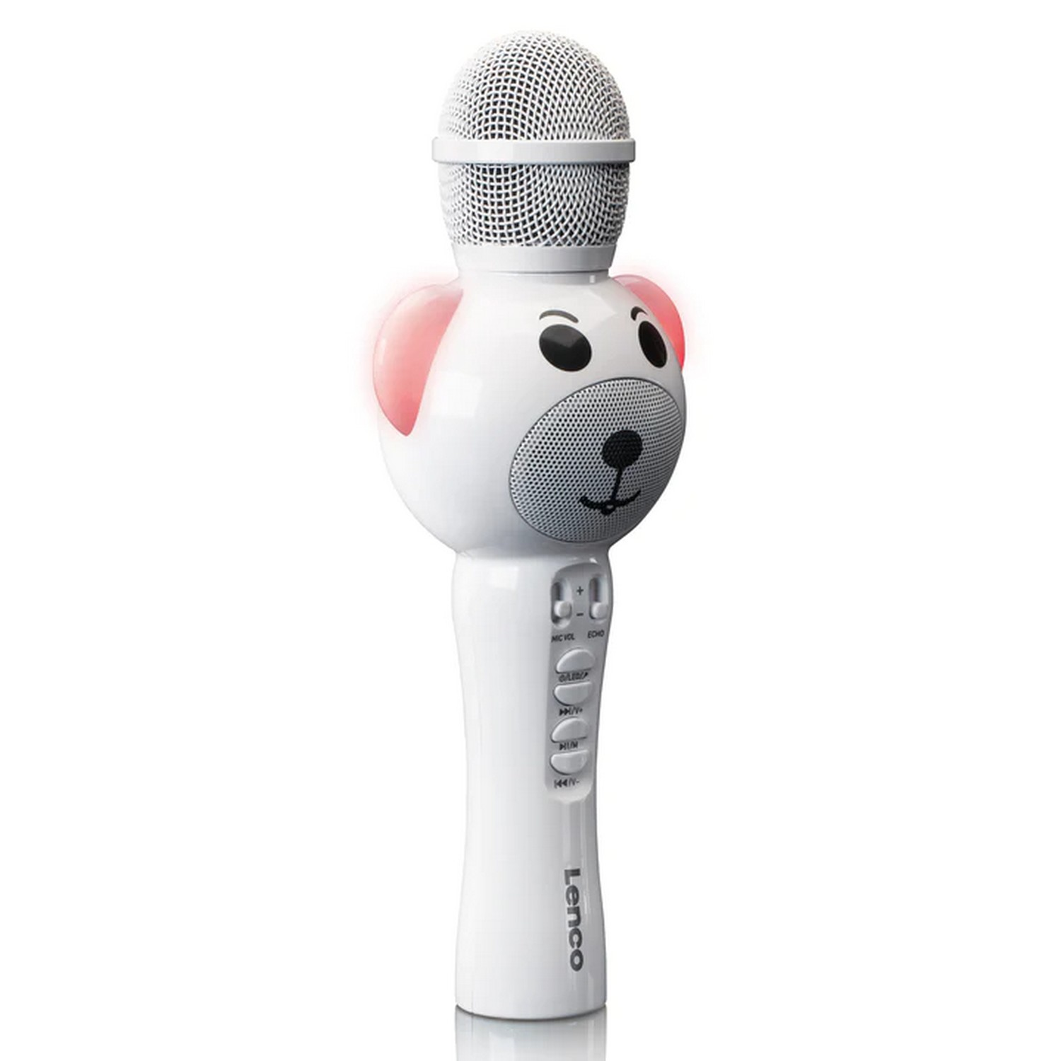 Witte, beer-vormige karaokemicrofoon. Rode lichten op oren, knoppen en een zwarte speaker.