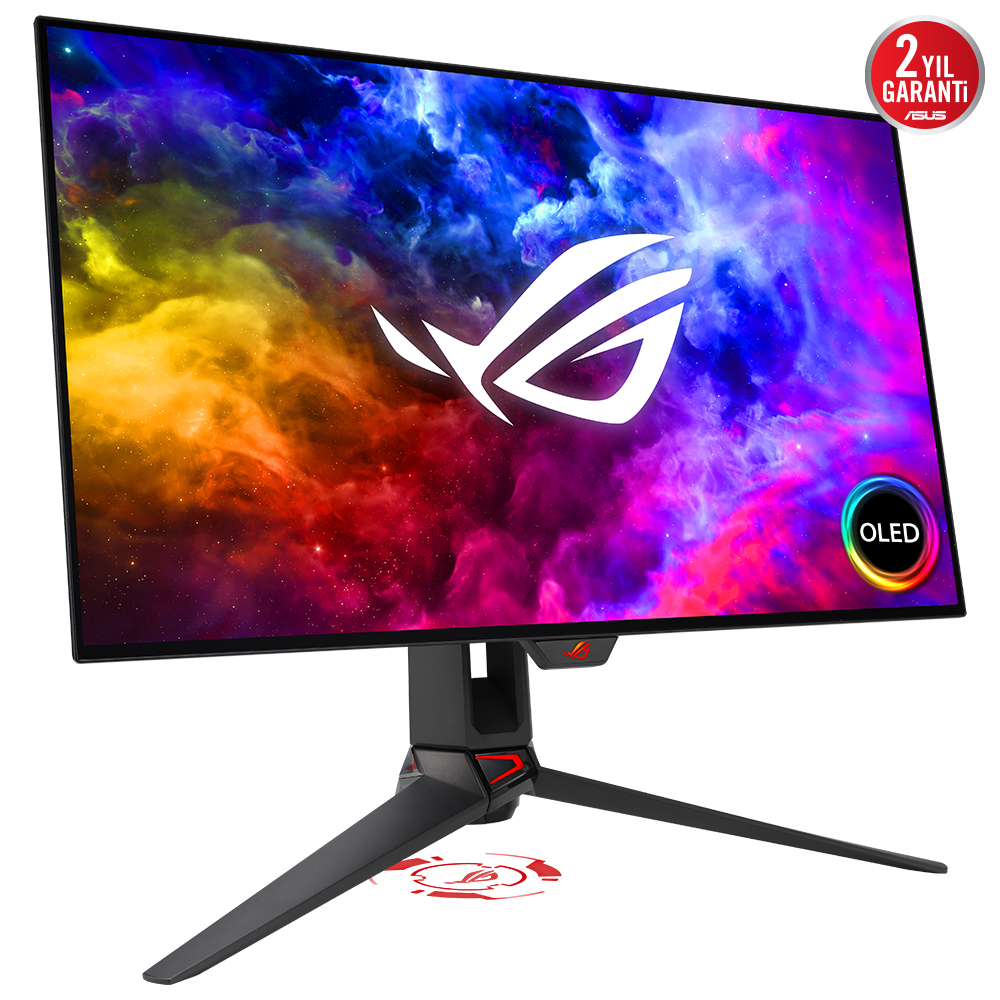 Renkli bir bulutsu arka planı ve bir logoya sahip büyük, kavisli bir OLED monitör.