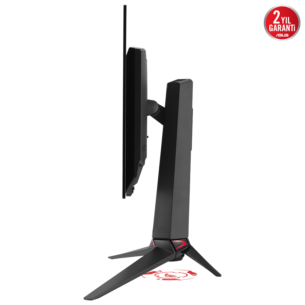 Siyah bilgisayar monitörü profilden, siyah stand ve kırmızı logo ile.
