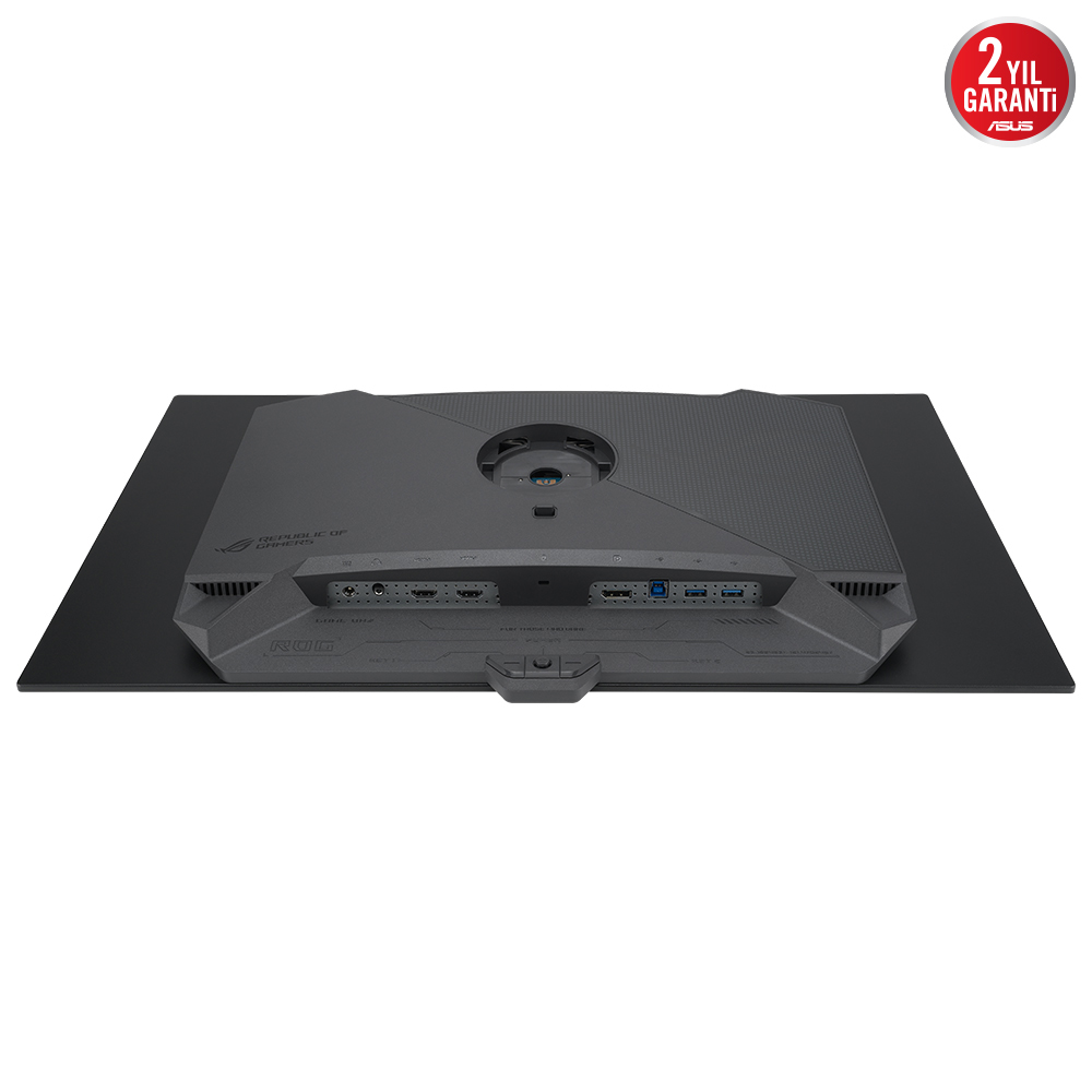 Portları ve ROG logosu olan siyah bir bilgisayar monitörünün arka görünümü.