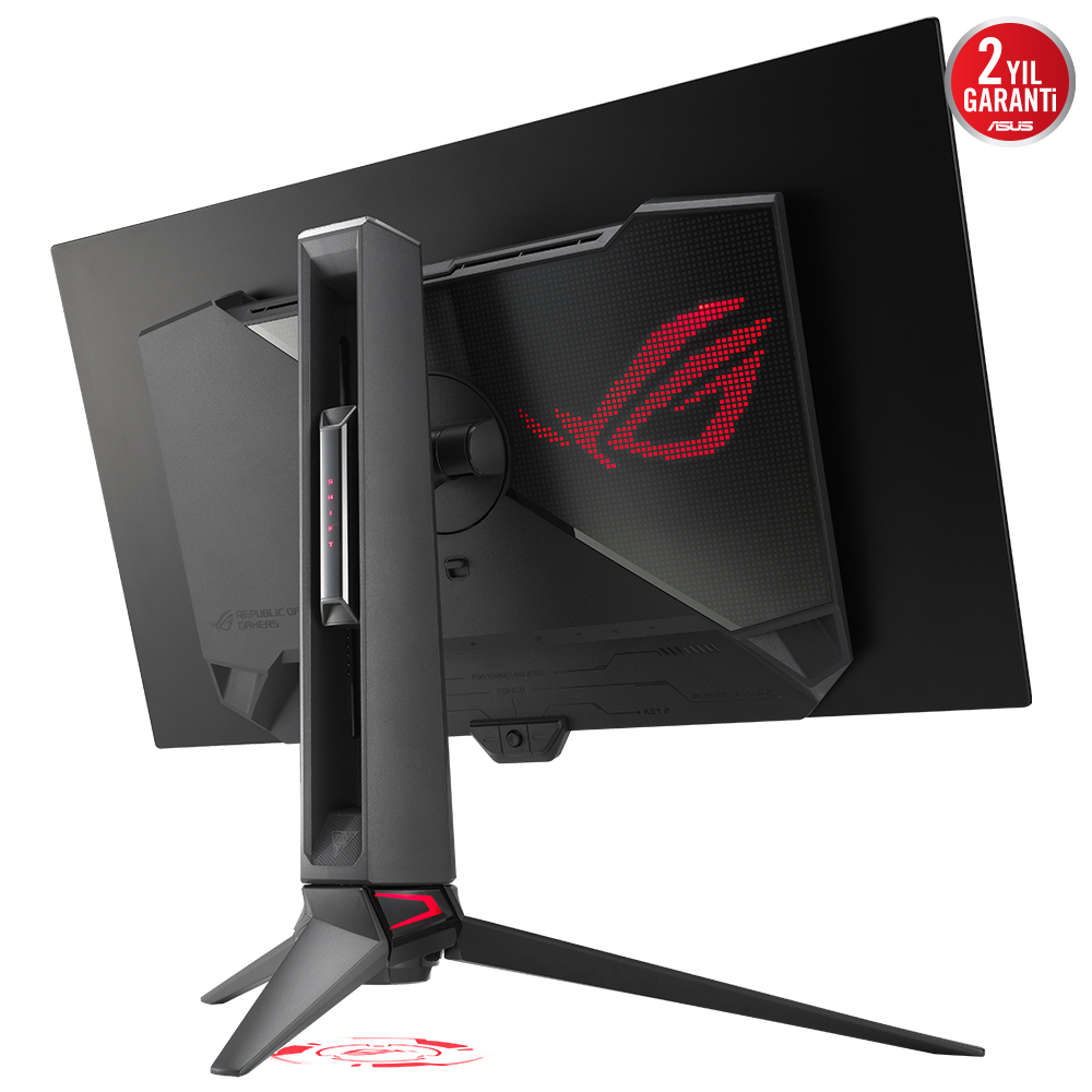 Siyah oyun monitörü arkaya doğru açılı. Arkada kırmızı ROG logosu. Kırmızı vurgulu stand. 2 yıl garanti.