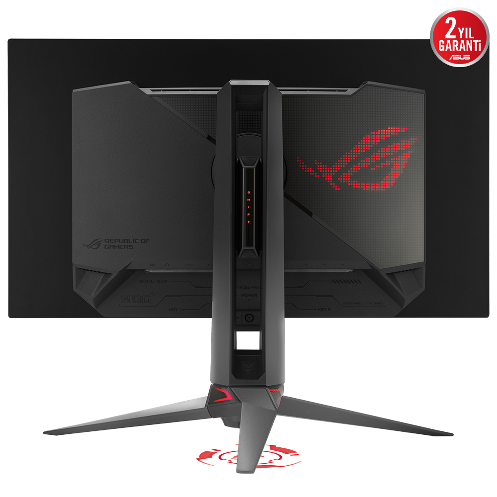 Siyah oyun monitörünün arkası. Kırmızı ROG logosu ve tasarımı, stand ile. Siyah arka plan.