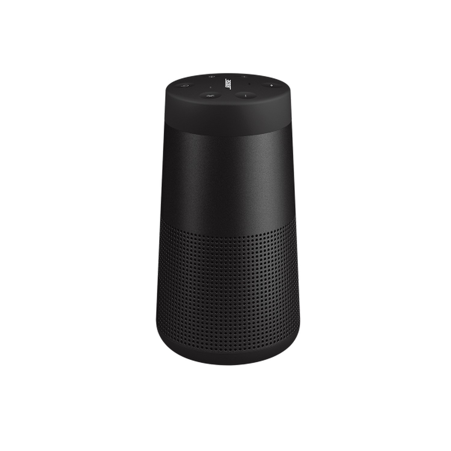 Enceinte Bose noire sur fond blanc. Elle est cylindrique.
