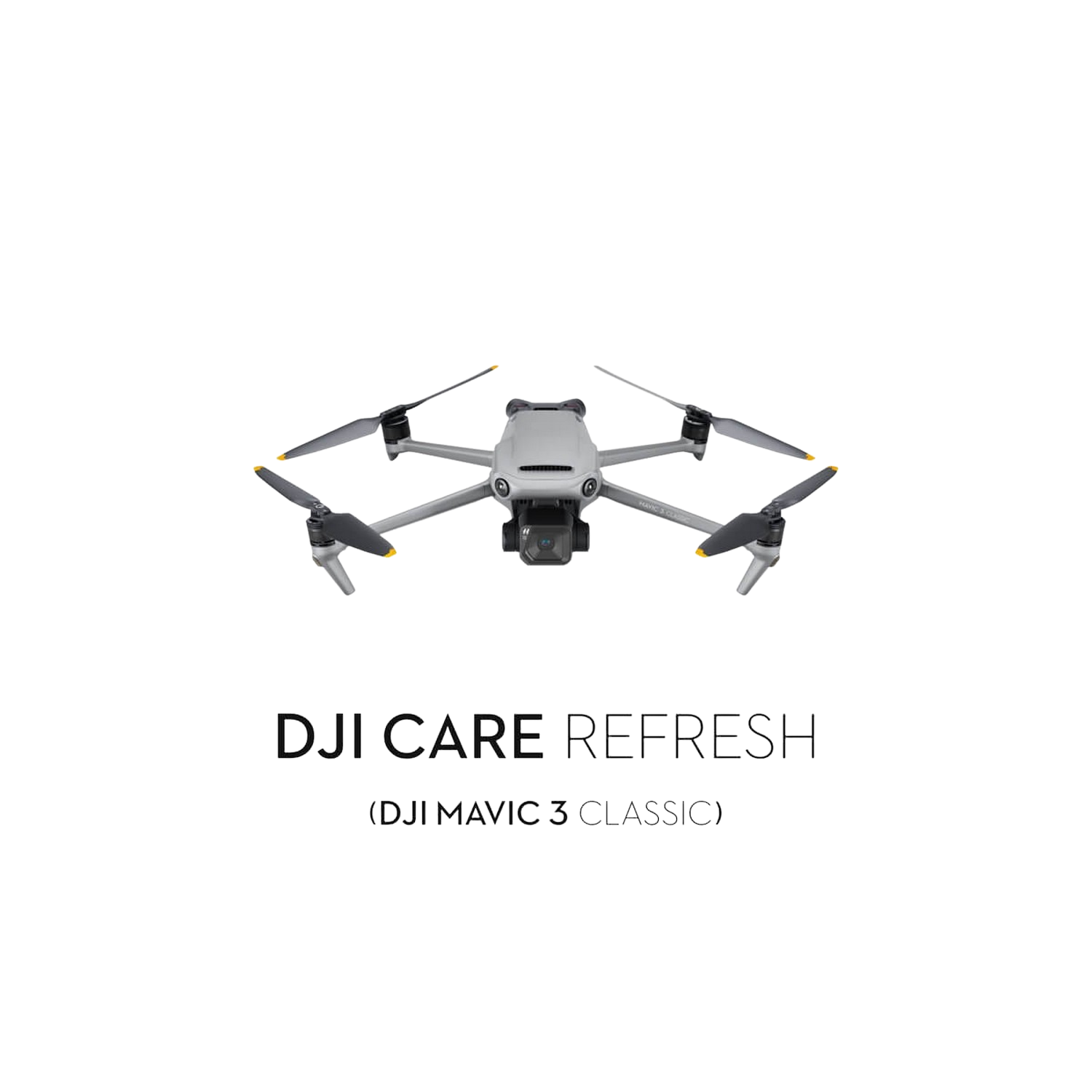 Grijze drone met vier propellers, op een zwarte achtergrond. Tekst: 'DJI CARE REFRESH' en 'MAVIC 3 CLASSIC'.