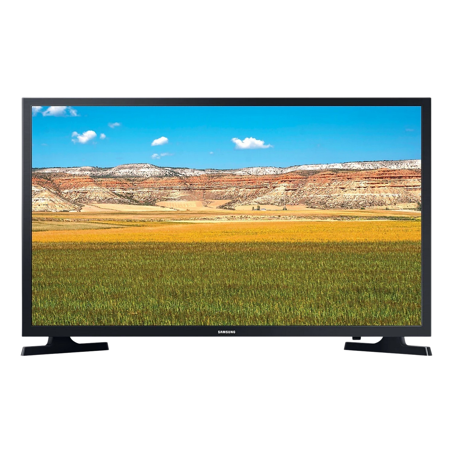 Een flatscreen-tv die een landschap van een woestijn met bergen en een geel veld toont.