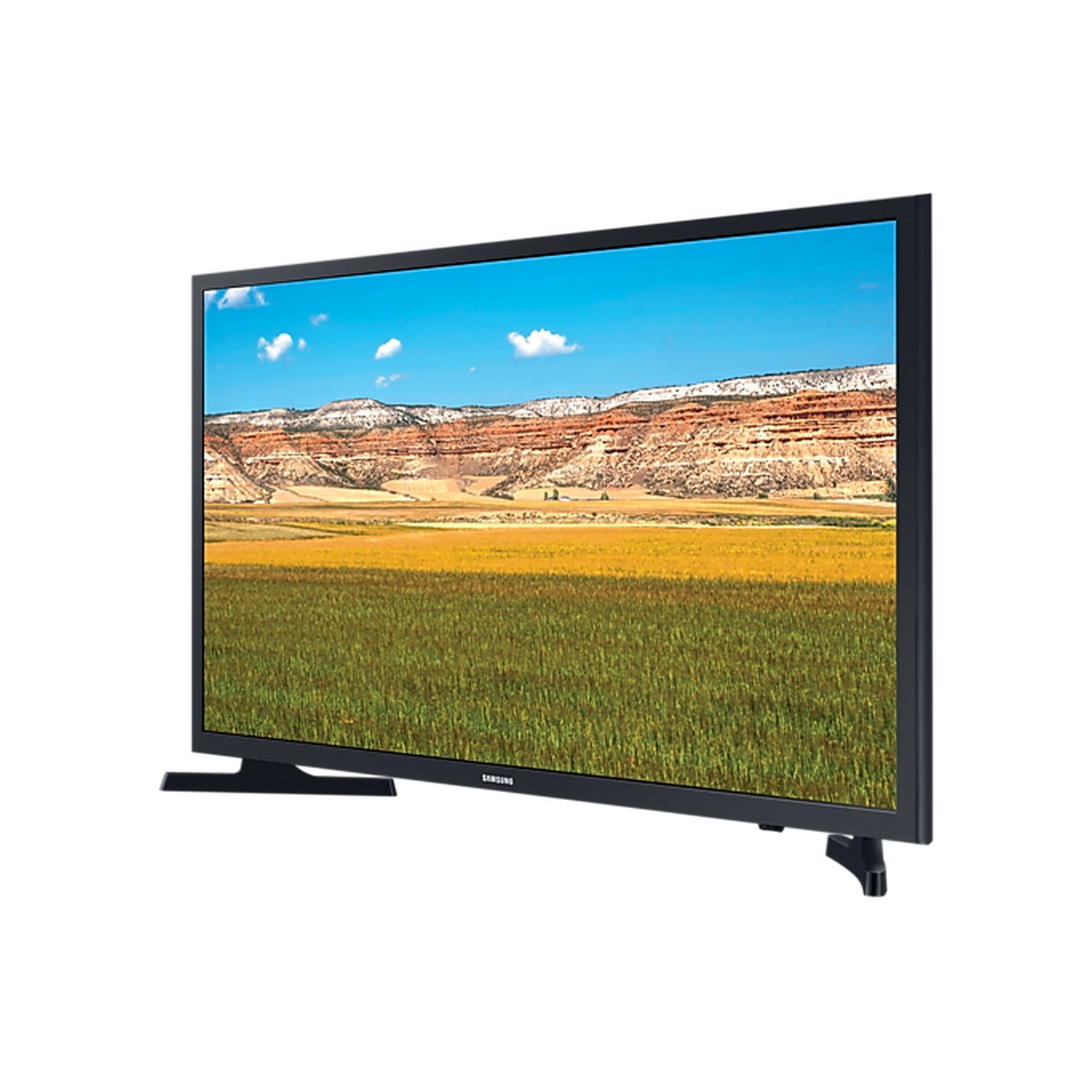 Een flatscreen-tv met een landschap met een veld en bergen.
