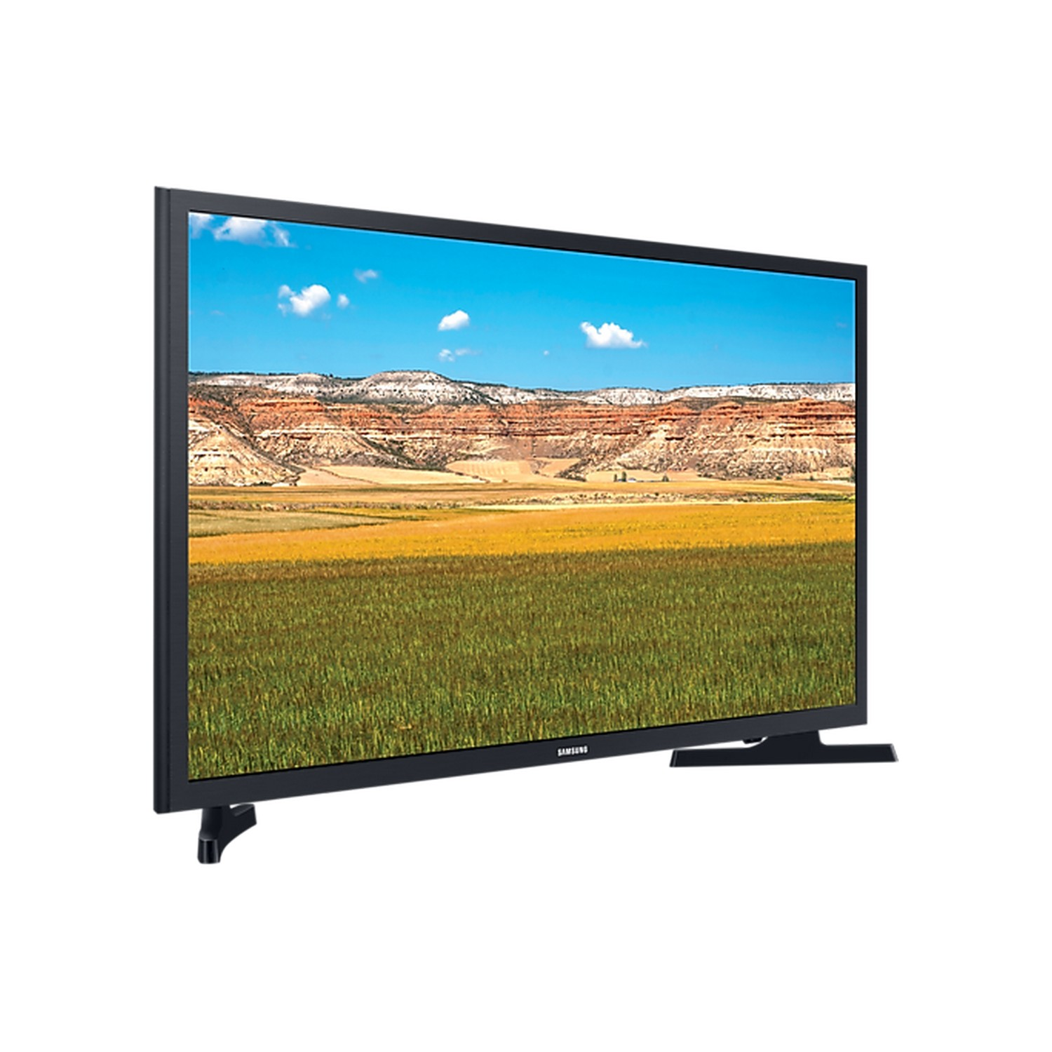 Een tv-scherm met een landschapsafbeelding en een zwart frame.