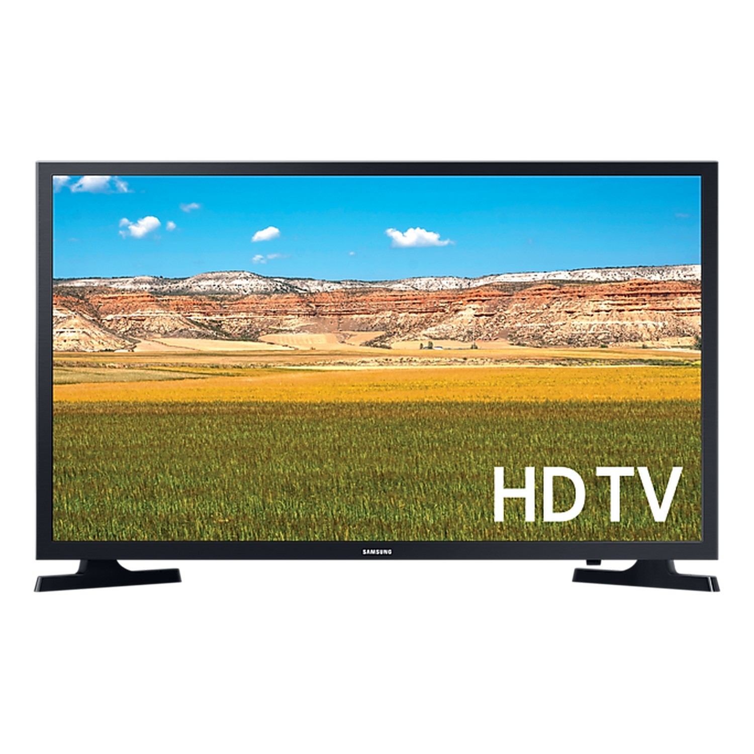 Een flatscreen tv met een landschapsscène met een blauwe lucht.
