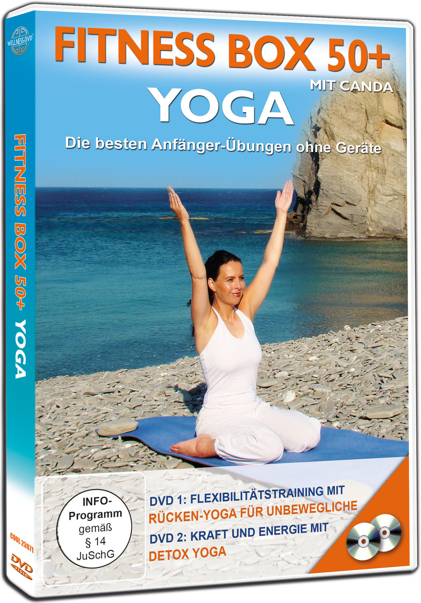 DVD-Box-Set 'Fitness Box 50+' mit einer Frau, die am Strand Yoga macht. Der Titel ist auf Deutsch.