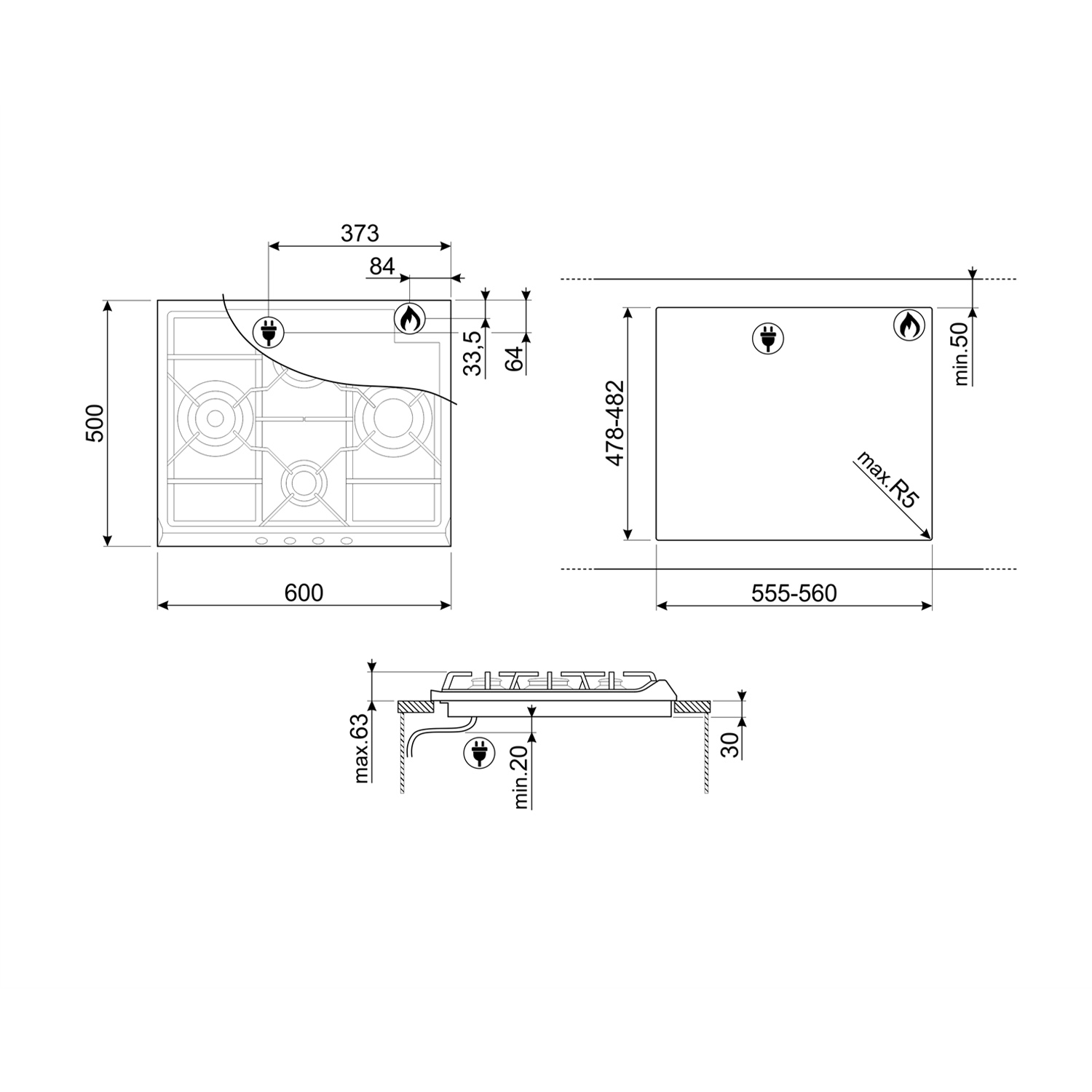 Disegno tecnico di un piano cottura. Mostra dimensioni e posizioni dei bruciatori con icone fiamma.