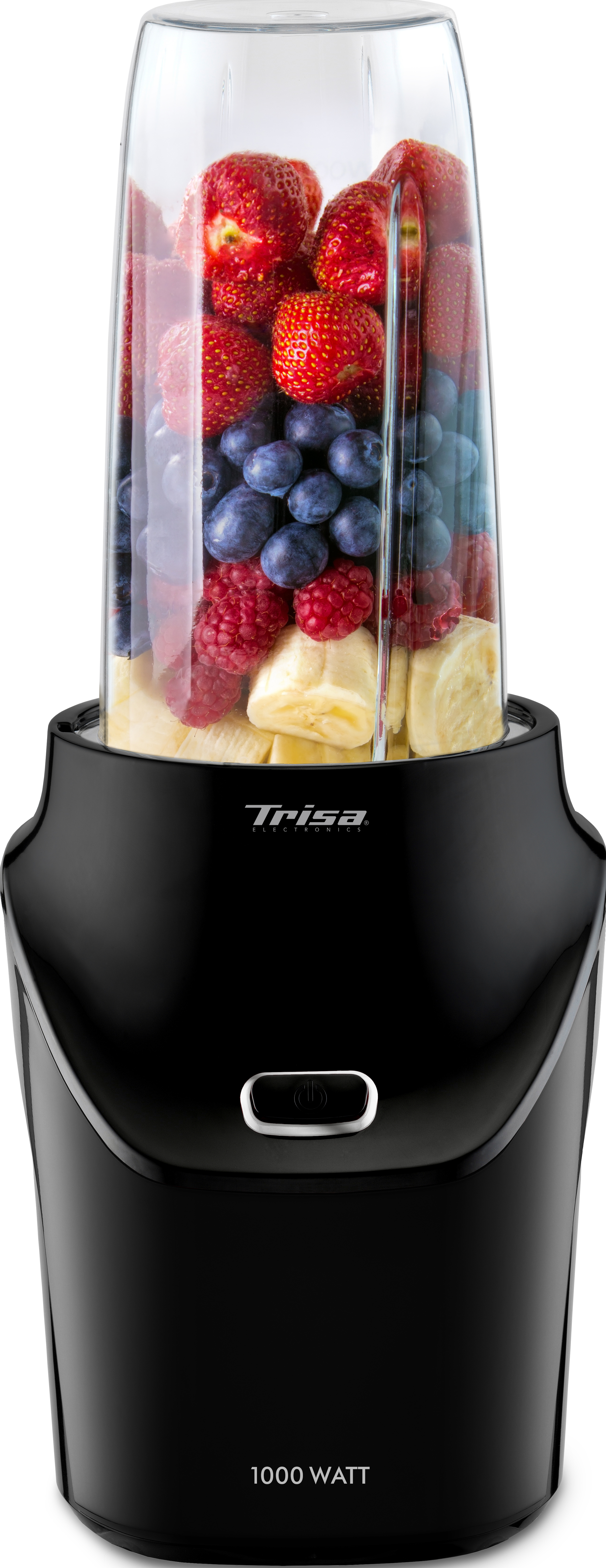 Mixer gefüllt mit Früchten. Erdbeeren, Blaubeeren, Himbeeren und Bananen sind sichtbar.