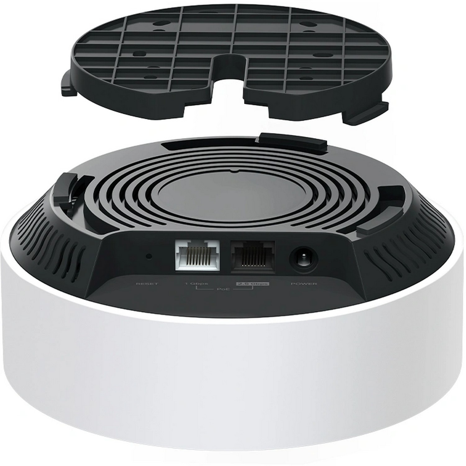 A white and black router, with its top cover removed, showing ports and ventilation.