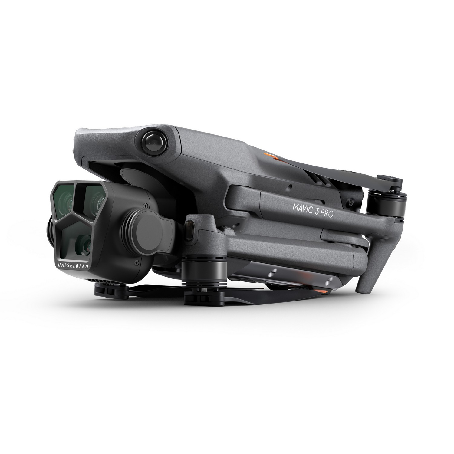 Gray Mavic 3 Pro drone. It has three cameras, and the Hasselblad logo is visible.
