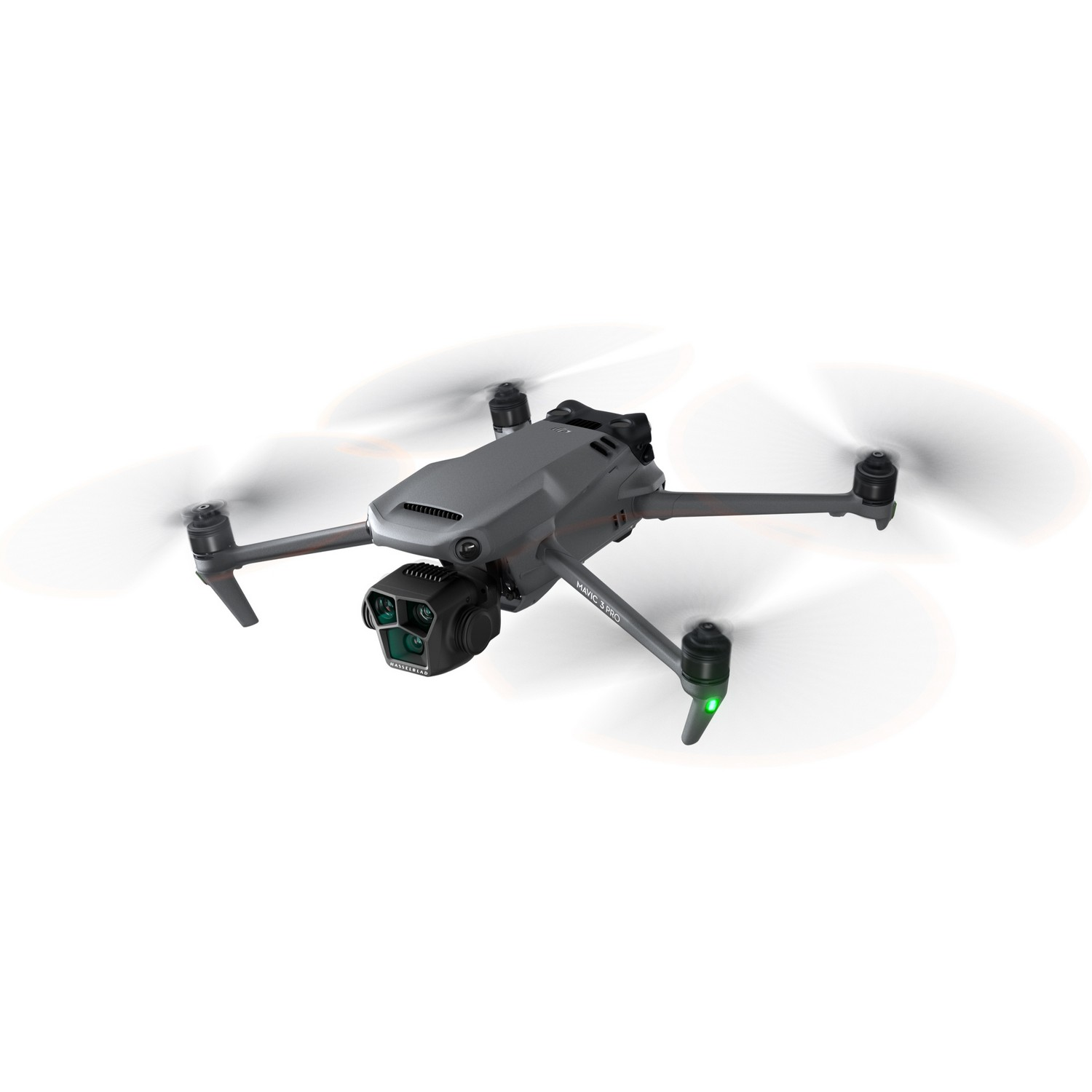 A gray drone hovering in the air, with four propellers extended.