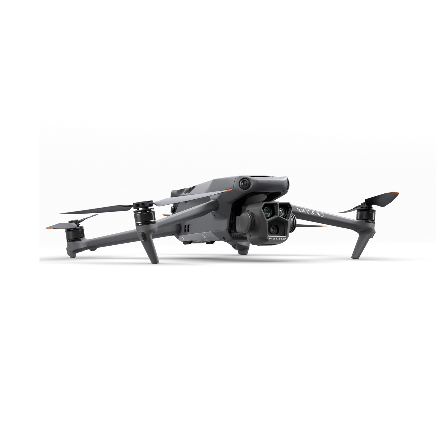 Gray drone, multiple propellers, front view, white background.