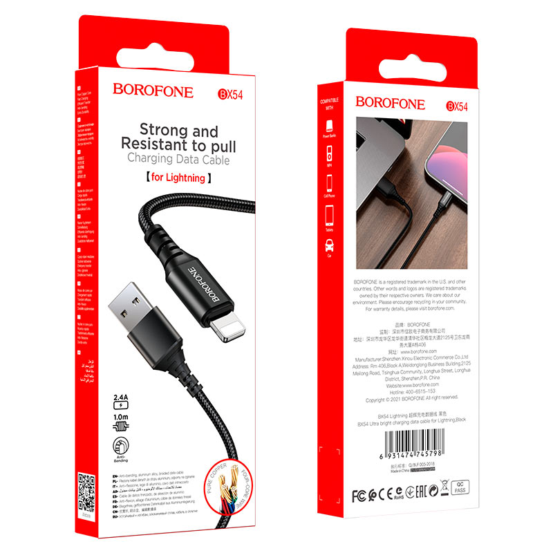 Töltőkábel csomag Lightning kábellel. Fekete kábel, fehér csomagolás, piros részletek.