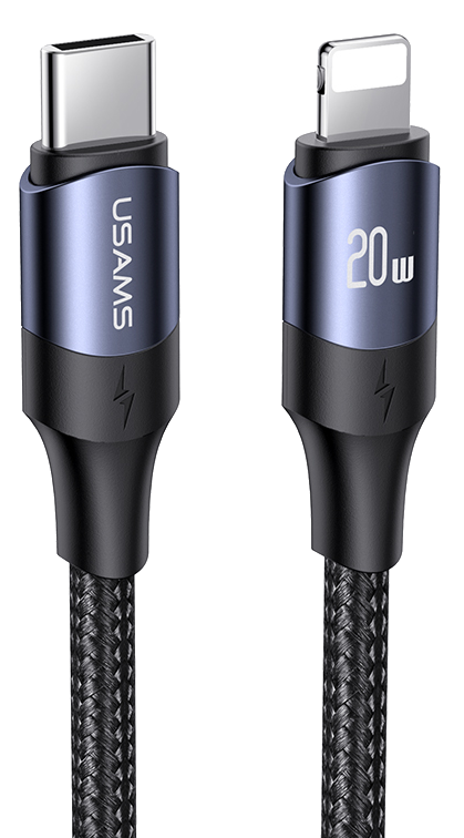 USAMS USB Type-C - Lightning töltőkábel, szövetborítás, 1,2 méter, fekete (SJ521USB01)