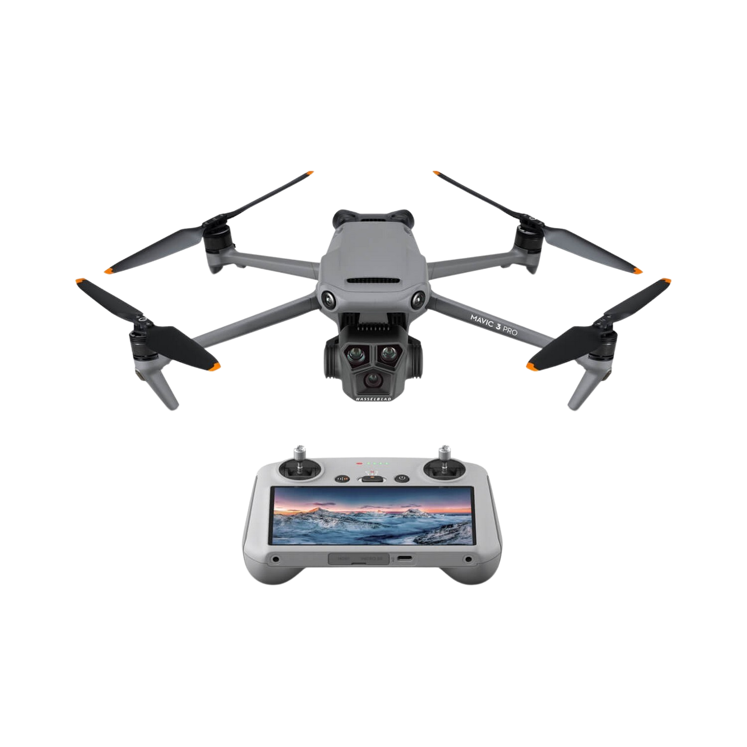 Drone DJI Mavic 3 Pro et télécommande. Le drone est gris et la télécommande blanche.