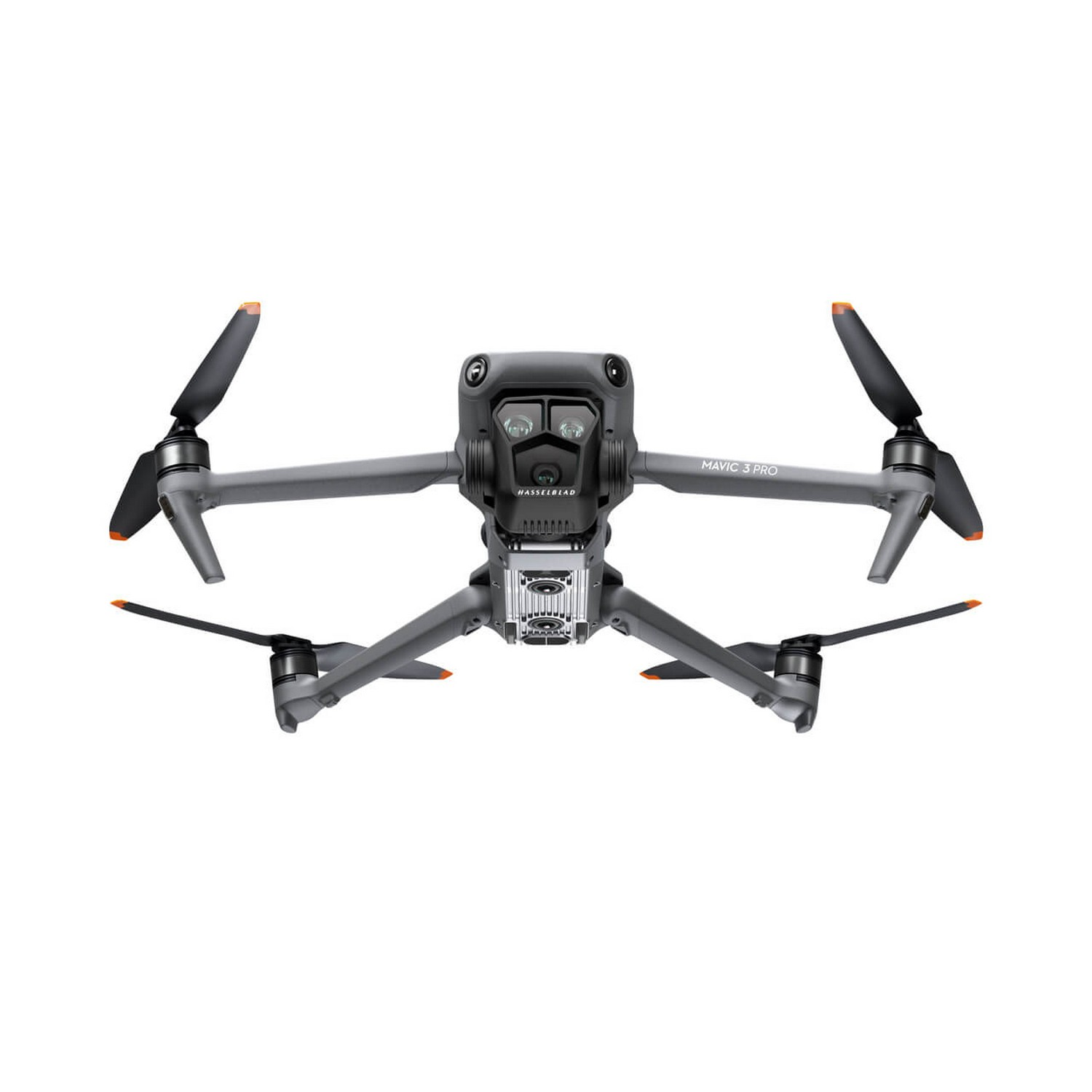 Un drone gris avec des hélices sur fond blanc.