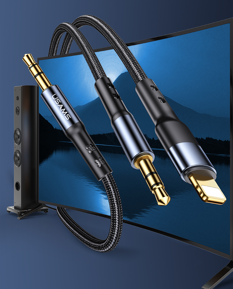 Három audio kábel arany színű csatlakozókkal, egy képernyőbe dugva.