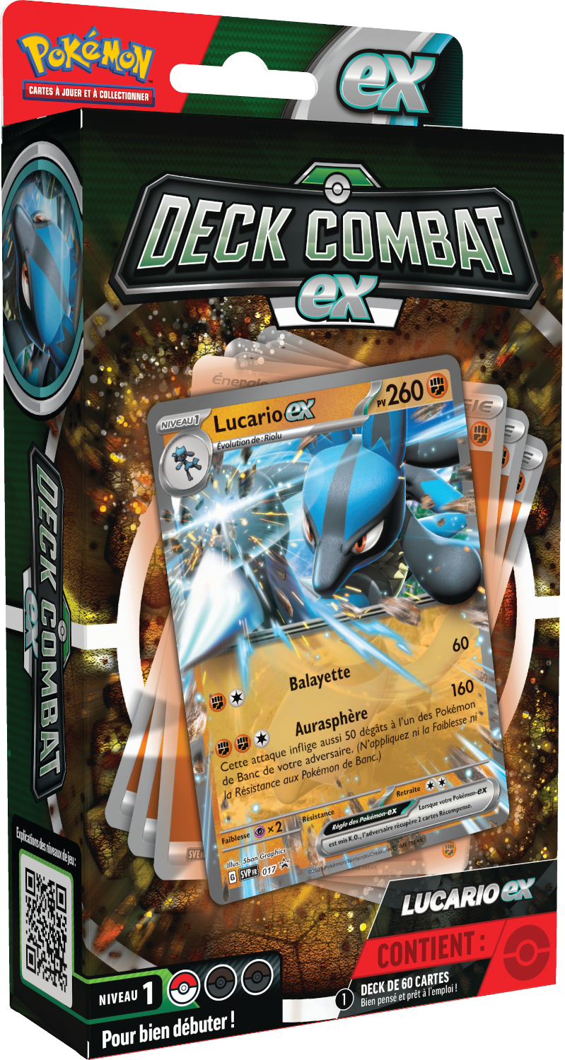 Une boîte Pokemon Deck Combat EX avec des cartes Lucario ex affichées, avec du texte et des graphiques.