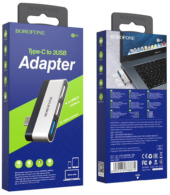 Kétoldalas doboz egy USB-C-3USB adapterhez. A doboz fekete-szürke, a termék részleteivel és képekkel.