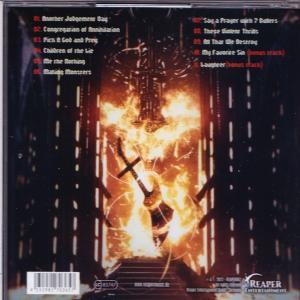 CD-Cover mit einem Kreuz in Flammen, Texte und einem Barcode.