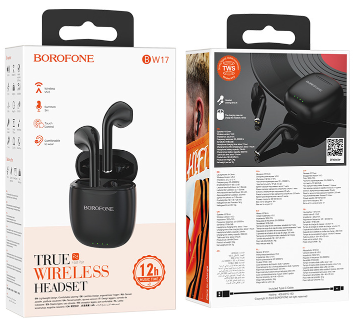 Dobozos True Wireless fülhallgató, elülső és hátsó nézet, fehér háttér.