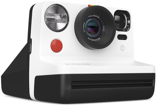 Fehér Polaroid instant kamera piros gombbal, fekete lencsével és vakuval.
