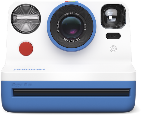 Fehér és kék Polaroid fényképezőgép vakuval.