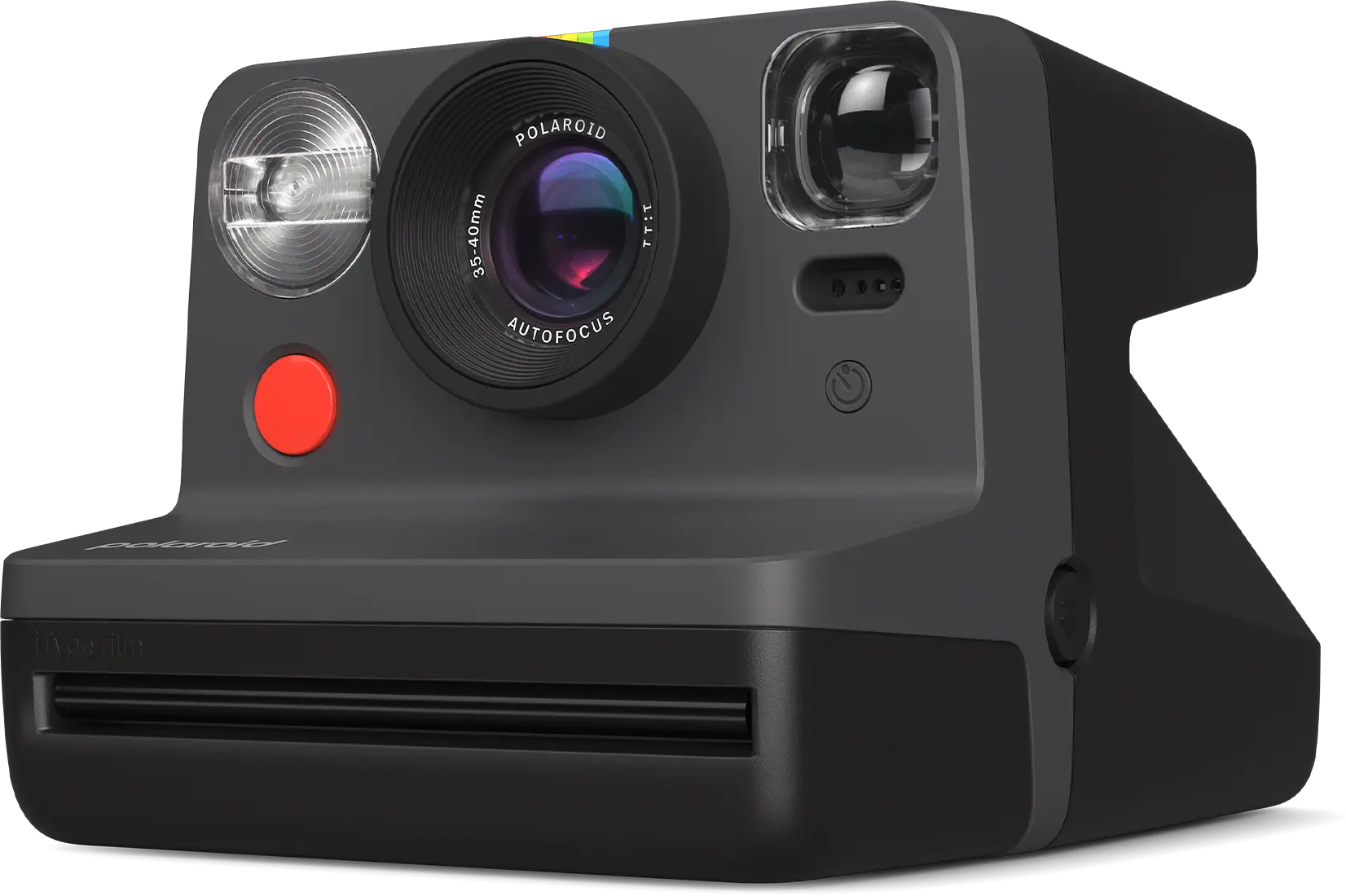 Egy fekete Polaroid fényképezőgép piros gombbal és vakuval.