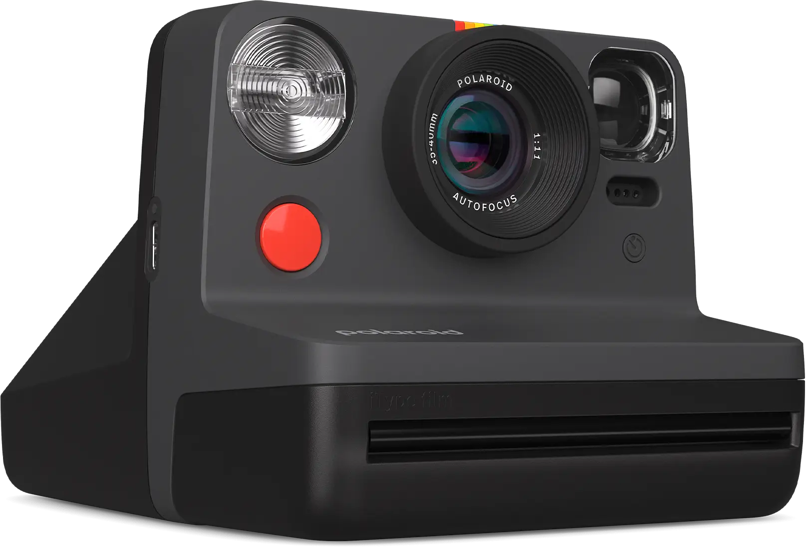 Fekete Polaroid fényképezőgép piros gombbal és vakuval, elölnézet. Fekete háttér, ikonikus dizájn.