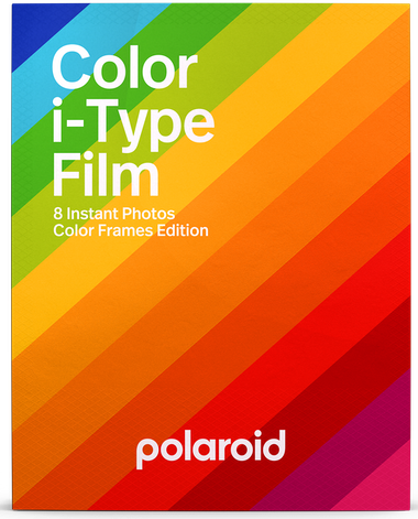 Polaroid i-Type Film doboz szivárvány színekkel, 8 azonnali fotót mutat.