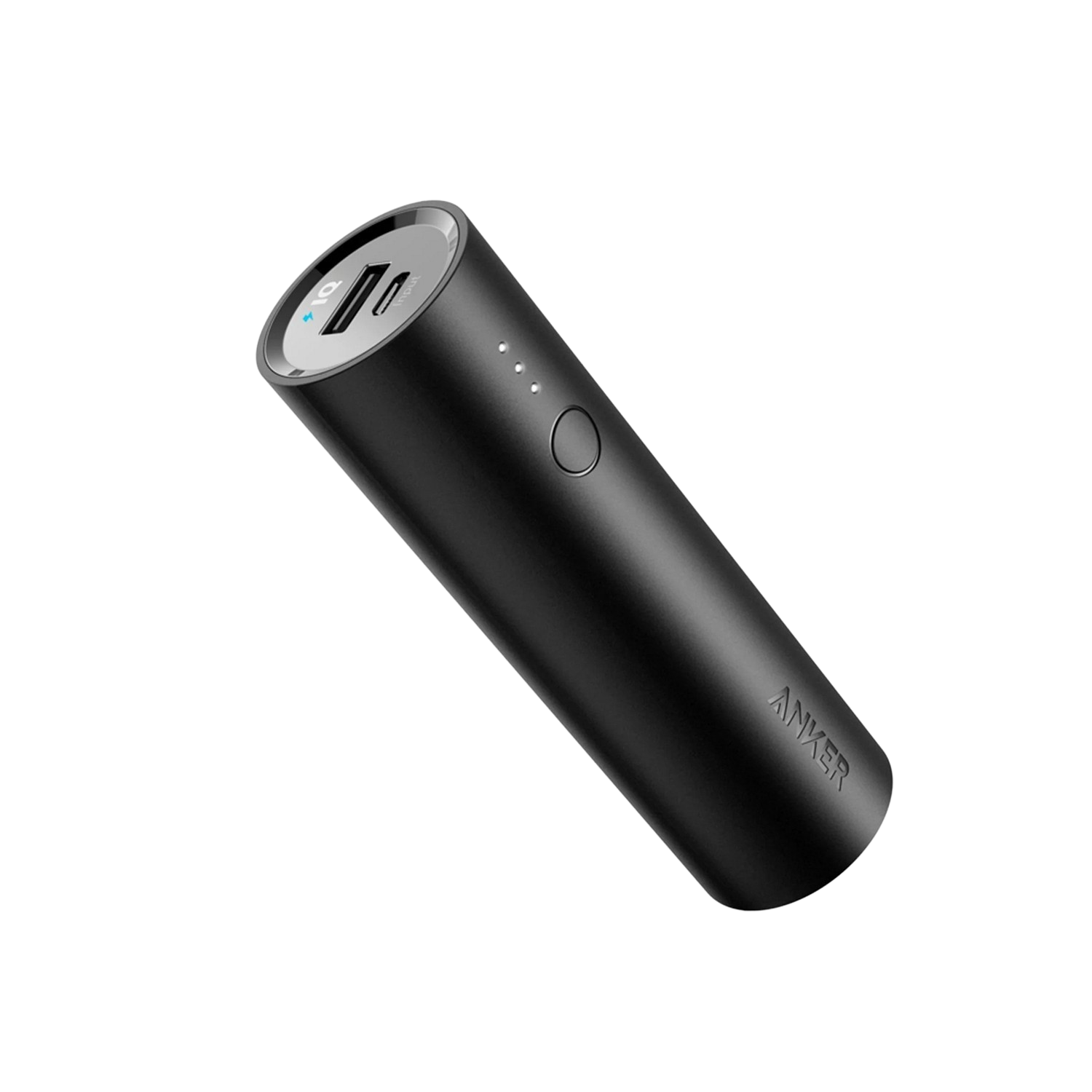 Zwarte Anker powerbank, cilindrisch ontwerp, met USB-poorten.
